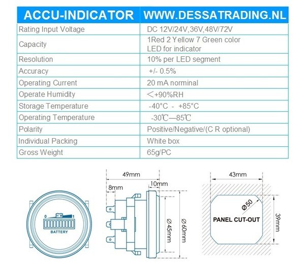 ronde accu indicator inbouw 2 inch 12V/24V/36V/48V/72V - 28,95